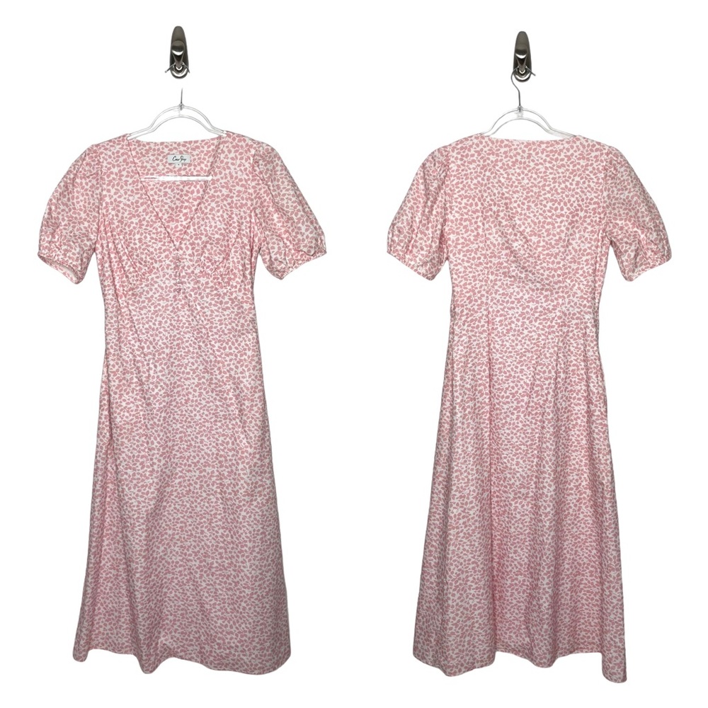 Coco Shop | Antigua Pink Floral Puff Sleeve Midi Dress Small
